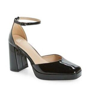 BP Fynn Ankle Strap Platform Pump Size 11 Block Heel Square Toe Black Shoe